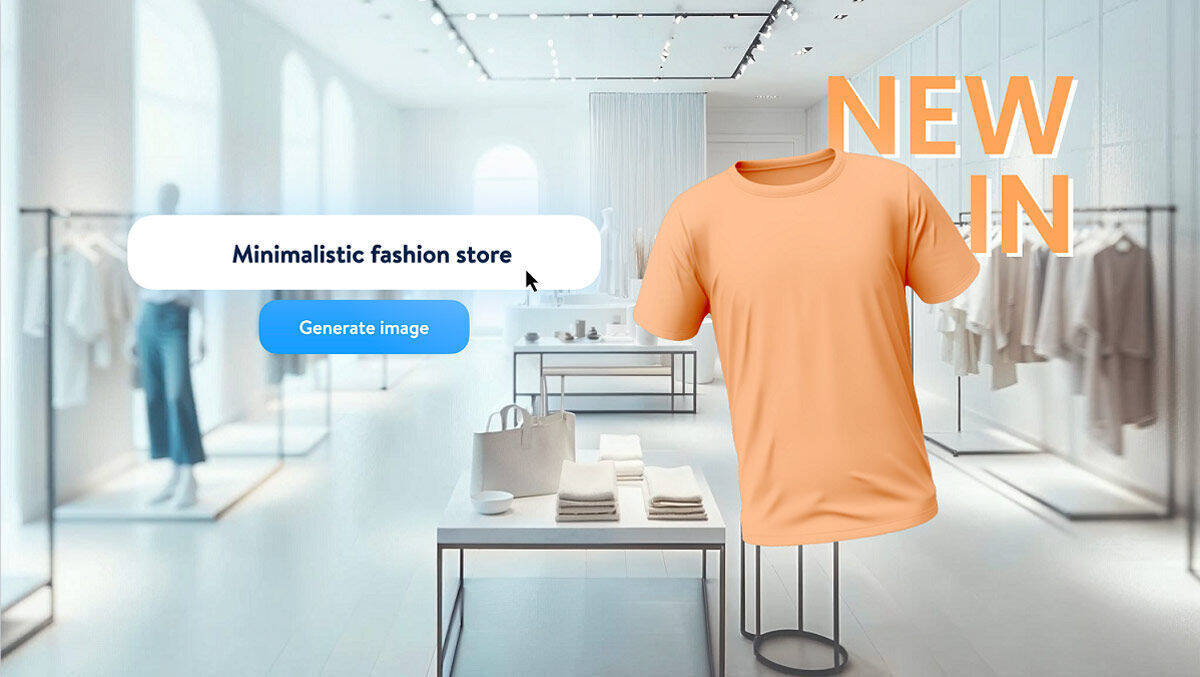 Ergebnis des KI-Generators: Ein orangenes T-Shirt vor einem KI-generierten Hintergrund.