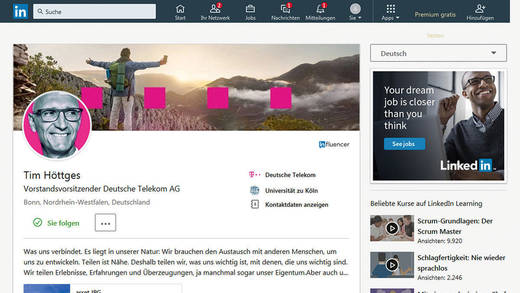 Tim Höttges: Der Telekom-Chef ist neben Siemens-Chef Joe Kaeser und Daimler-CEO Dieter Zetsche eins der Vorzeigebeispiele der Dax-Vorstandsebene in den sozialen Medien. Bei Linkedin etwa rangiert Höttges unter den offiziell wichtigen „In-“Fluencern und macht neben Branchenbeiträgen auch mit seiner Meinung zu gesellschaftsrelevanten Themen von sich reden.