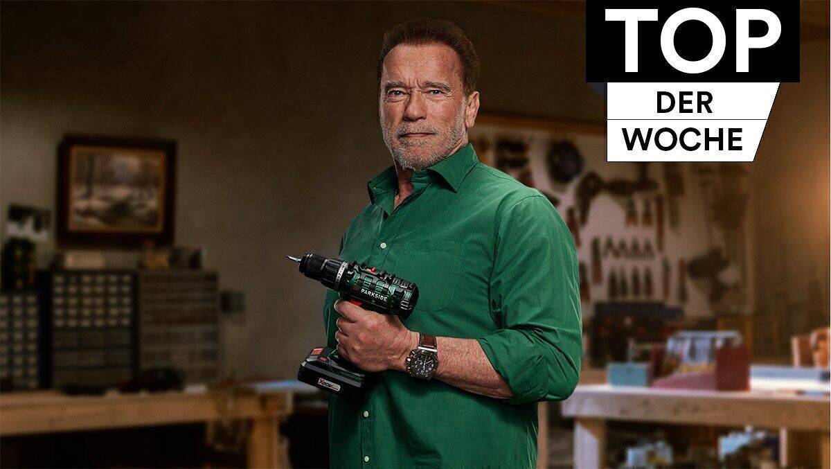Mit einem Akkuschrauber bewaffnet: Arnold Schwarzenegger.