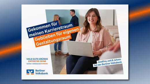 Mit „Gekommen, um zu bleiben“ geht die Berliner Volksbank in Runde zwei ihrer Recruitingkampagne.– größer, klarer, mutiger. Die Idee dahinter: „Wir stellen wir in den Mittelpunkt, was uns im Kern ausmacht: unsere Mitarbeiterinnen und Mitarbeiter“, so Frauke van Bevern, Bereichsleiterin Marke und Unternehmenskommunikation.