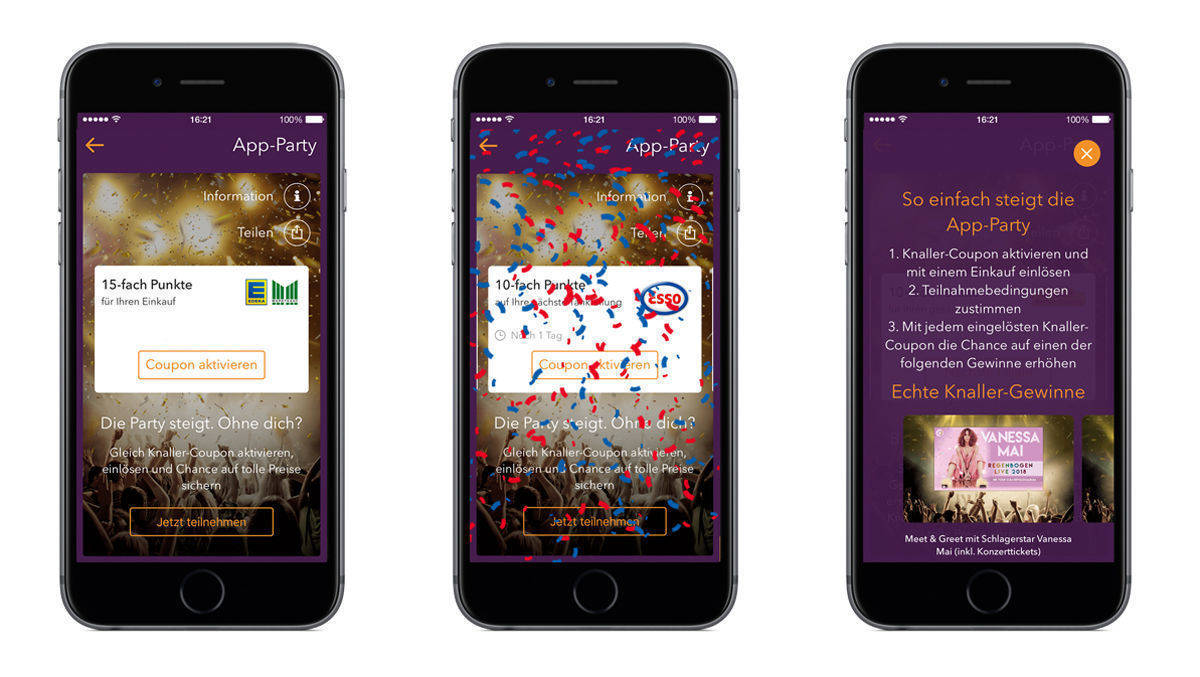 Edeka, Netto, Esso, Hammer, Sonnenklar TV und mehrere Online-Shops sind bei der App-Party dabei.