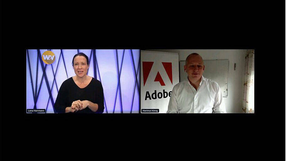 Moderatorin Lena Herrmann mit Adobe-CTO Hartmut König bei der heutigen W&V MAKE.