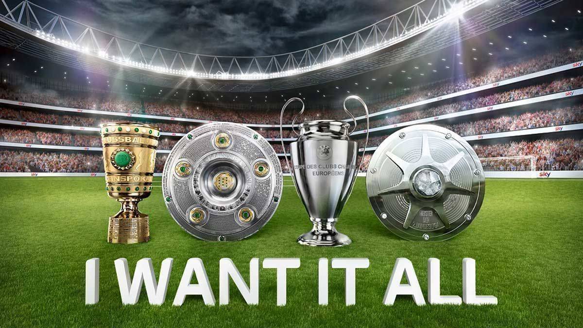 Motiv aus einer früheren Sky-Kampagne: Im Moment geht es für die Kicker nur um die Meisterschale (zweite von links).