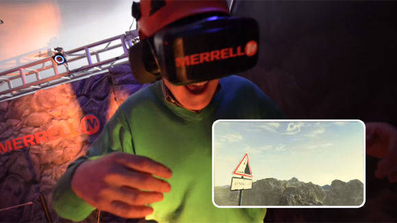 Beim "Virtual Hike" von Merrell konnten Besucher die Wanderschuhe im "Gelände" testen. Wind, Steinschlag und Wackelboden inklusive.