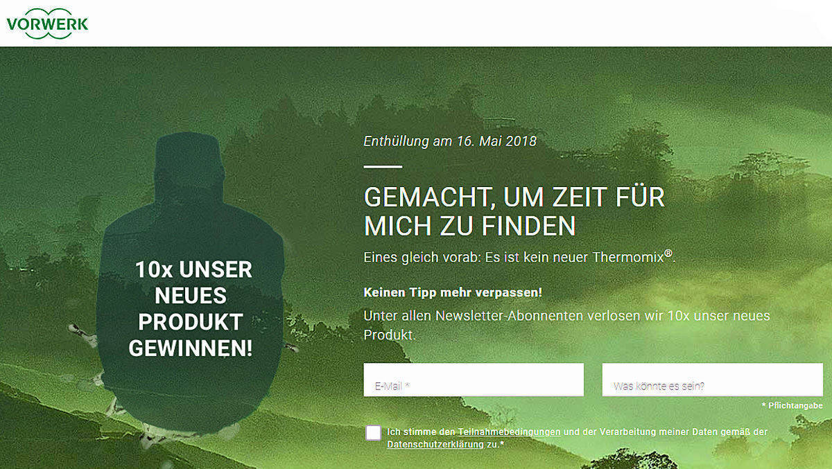 Der Thermomix-Nachfolger hat in etwa die Form einer bauchigen Flasche - viel mehr gibt Vorwerk auf der Countdown-Seite nicht preis.