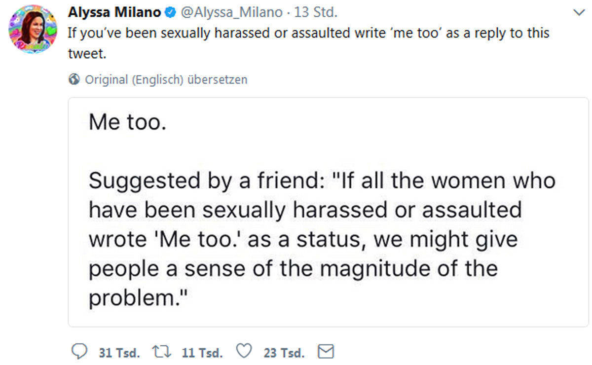 Schauspielerin Alyssa Milano will auf die Reichweite des Problems aufmerksam machen: Es seien mehr Menschen von sexuellem Missbrauch betroffen, als bekannt ist.