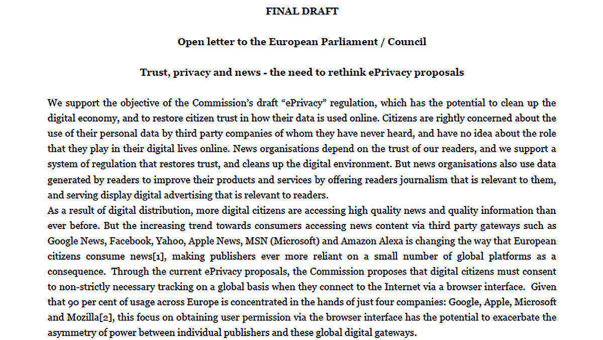 Offener Brief an die EU-Kommission: Verlage fürchten um ihre datenbasierten Geschäftsmodelle.
