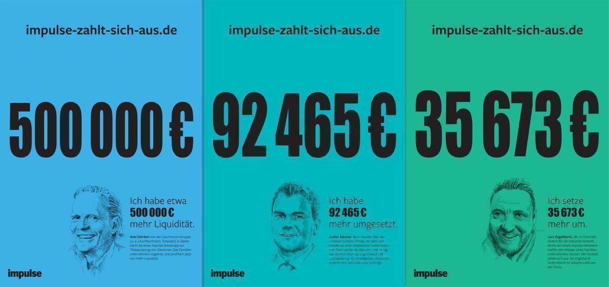 Kampagnenmotive von Impulse. Testimonials sind Leser aus dem Mittelstand.